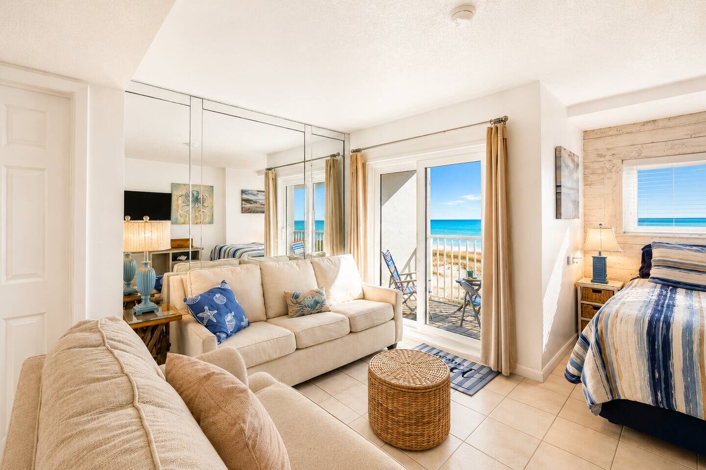 The Seaside Suite living space with Gulf-front views in Fort Morgan, Alabama